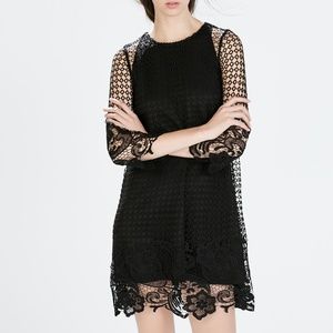 Zara Black Guipure Lace Long Sleeve Mini Dress